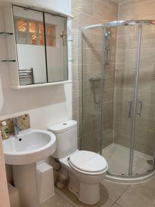 a bathroom with a shower and a toilet and a sink at Park Cottage - Cosy 1 bedroom in Spinney Hill