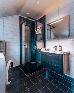a bathroom with a shower and a sink at Panorama X Apartment 5 min from Reine, Hamnøy and Bodø ferry in Moskenes
