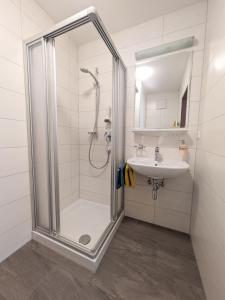ein Bad mit einer Dusche und einem Waschbecken in der Unterkunft Hotel Forelle in Plansee