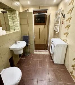 a bathroom with a toilet sink and a washing machine at Apartment Gdansk Close to Oldtown in Gdańsk
