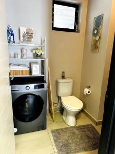 uma pequena casa de banho com WC e máquina de lavar roupa em Aries self-catering Unit em Centurion