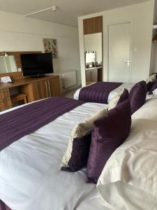 una camera d'albergo con due letti e una televisione di Magnuson Hotel Sandy Lodge Newquay a Newquay