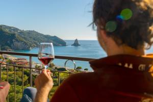 a person holding a glass of wine overlooking the ocean at Sandy Coast Hospitality in Agios Gordios