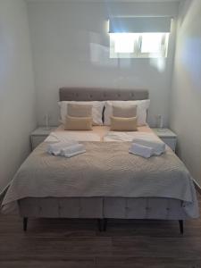 een slaapkamer met een groot bed met 2 kussens bij Apartment Maris in Podstrana