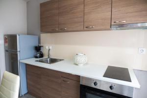 a kitchen with a sink and a refrigerator at HILI RESORT LUXURIOUS SEASIDE APARTMENT in Alexandroupoli