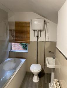 a bathroom with a toilet and a tub and a sink at Short term let Room In DE1 in Derby