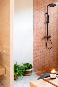 Suite & SPA à La Ferme 1802 في Sainghin-en-Mélantois: دش في حمام مع جدار من الطوب