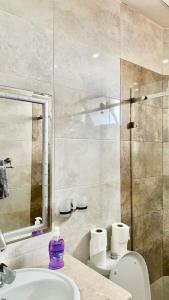 W łazience znajduje się umywalka, toaleta i prysznic. w obiekcie Luxe à prix doux w mieście Ben ʼAknoûn