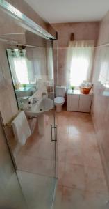 a bathroom with a shower and a sink and a toilet at La Panaderia 8 PAX, terraza exterior in Cenicero +15 photos