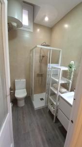 y baño con ducha, aseo y lavamanos. en Apartamento Forn Vell en Sant Feliu de Guixols