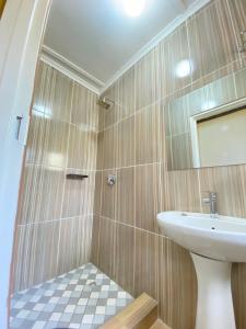 y baño con ducha, lavabo y espejo. en Cumberland Guest Lodge en Bulawayo
