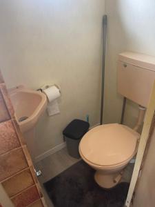 a bathroom with a toilet and a sink at Caravan 2 coral beach Ingoldmells 6 berth in Ingoldmells