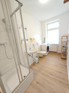 a bathroom with a shower and a sink and a toilet at Zollikof Aparts - Sauna & Studioapartments in Leipzig