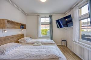 Habitación con 2 camas y TV de pantalla plana. en Apartments Jantar - Happy Rentals en Novo Mesto