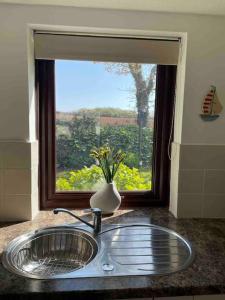 a kitchen sink with a window and a vase with flowers at Cosy cottage between Penzance and St Ives in Gulval