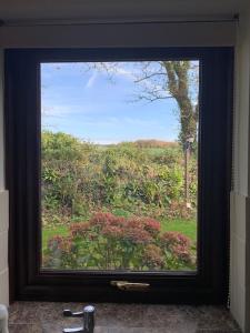 a bathroom window with a view of a field at Cosy cottage between Penzance and St Ives in Gulval