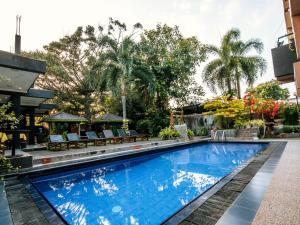 una grande piscina con sedie e palme di The Panorama Negombo a Negombo
