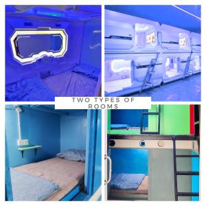 eine Collage mit drei Bildern von einem Schlafzimmer und einem Etagenbett in der Unterkunft Bestow Capsule Hostel in Kuala Lumpur