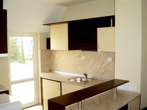 a kitchen with a sink and a large window at Sun Palace Home Apartments in Sunny Beach