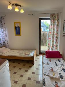 a room with two beds and a window at Agroturystyka Pod Podkową in Mrągowo