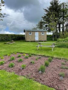 a garden with a bench and a shed at Shepherds Hut - Brecon Beacons in Llangadog