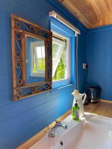 a bathroom with a sink and a mirror on the wall at Shepherds Hut - Brecon Beacons in Llangadog