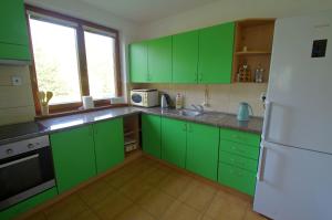 a kitchen with green cabinets and a white refrigerator at Horská chata Jelšinky v Národnom parku Slovenský raj in Smižany