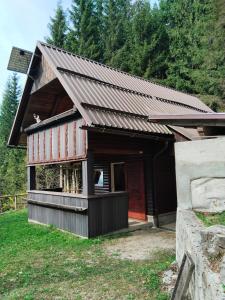 a barn with a metal roof on a field at Wooden Treasure in Jesenice