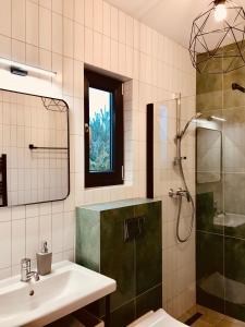 uma casa de banho com um lavatório e um chuveiro em Przyjedź Tutaj em Maków Mazowiecki