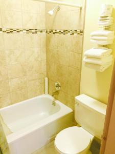 a bathroom with a toilet and a tub and a sink at Travelers Inn Motel in Salem