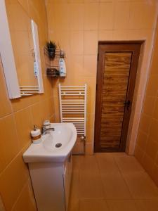 a bathroom with a white sink and a door at Вила Мариам Villa Mariam in Batak