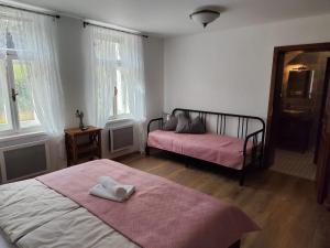 a bedroom with two beds with pink sheets and windows at Penzion U Křížku in Malá Morávka