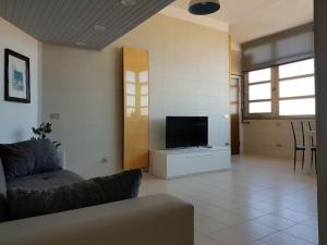 a living room with a couch and a flat screen tv at IRIS Bilocale Centro Città in Busto Arsizio