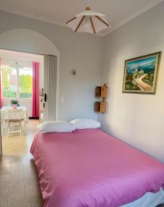 um quarto com uma cama com uma colcha rosa em Petit appartement tranquille avec jardin - Hyeres Centre Ville em Hyères