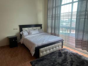 een slaapkamer met een bed en een groot raam bij UNIQUE GUEST HOUSE in Addis Ababa