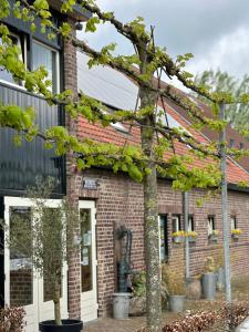 uma casa de tijolos com árvores em frente em Landhuis Bovenste Bos em Epen