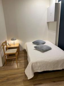 1 dormitorio con cama, silla y escritorio en Forest Hideaway Near Akureyri, en Akureyri