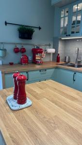 a kitchen with a counter top with red figurines on it at Apartament Pastelove Żywiec in Żywiec