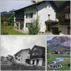 eine Collage mit drei Bildern eines Hauses und eines Hundes in der Unterkunft Ferienwohnung Stricker in Obertraun