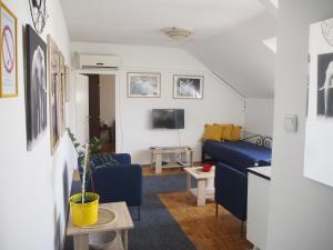 un soggiorno con divano blu e TV di Danica Apartment a Belgrado