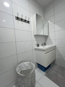 een badkamer met een wastafel, een spiegel en een mand bij City Center 1bedroom in Ferizaj