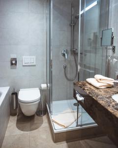 a bathroom with a shower and a toilet and a sink at Hotel Seeblick in Bernried