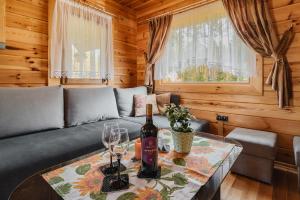 ein Wohnzimmer mit einer Couch und einem Tisch mit Weingläsern in der Unterkunft Domki u Kamyka in Ostrowite