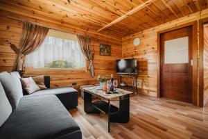ein Wohnzimmer mit Sofa und Tisch in der Unterkunft Domki u Kamyka in Ostrowite