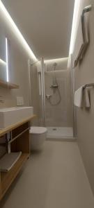La salle de bains blanche est pourvue d'une douche et de toilettes. dans l'établissement Pension Langerspacher, à Grabenstätt