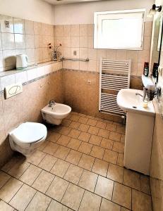 a bathroom with a toilet and a bidet and a sink at Penzión Villa Agnes in Smolenice
