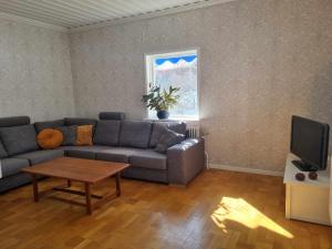 - un salon avec un canapé et une télévision dans l'établissement Gårdshus med lantligt läge, à Piteå