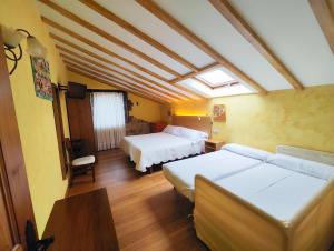 een slaapkamer met 2 bedden en een dakraam bij Posada el Remanso de Trivieco in La Cavada