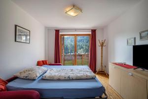 a bedroom with a bed and a tv and a window at Entspannung, Ruhe, Natur pur in Issengo