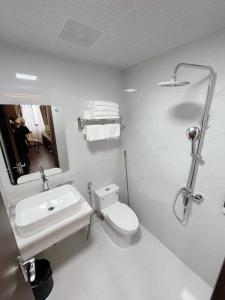 ein Bad mit einem WC, einem Waschbecken und einer Dusche in der Unterkunft HOÀNG GIA HOTEL in Móng Cái